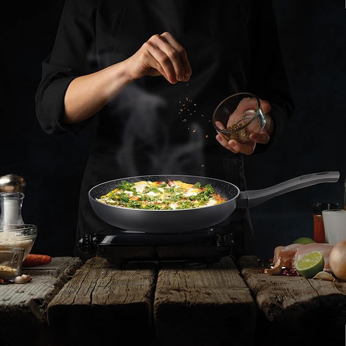 Milton Pro Cook Granito Fry Pan With Glass Lid 24 Cm Frying Pan Black - 702 gms