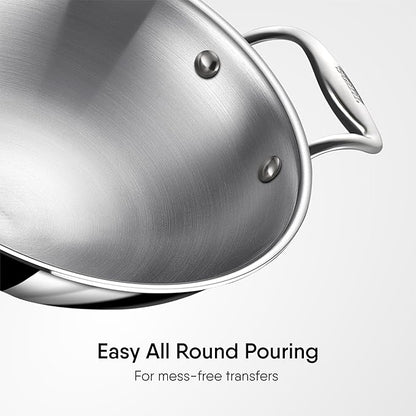 Stahl Artisan Triply Stainless Steel Round Bottom Kadhai With Lid | Extra Deep Kadai | 1.8 L | 20 Cm