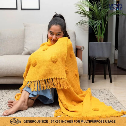 Urban Space Handmade Pure Cotton Sofa Throw Blanket, Soft Decorative Throw for Living Room, Sofa, Chair and Couch, Reversible and Breathable Throw Mustard Colour