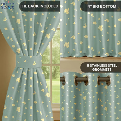 Urban Space Blackout Curtains for Living Room, Gold Foil Printed Luxurious Blackout Decorative Door Curtain 1 Piece Dalmatian Sage Green