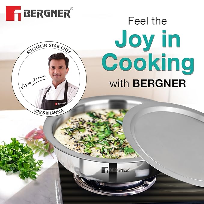 Bergner Argent Triply 24 Cm Shallow Cauldron Tope Langri | 2.6 L Capacity | Stainless Steel Lid