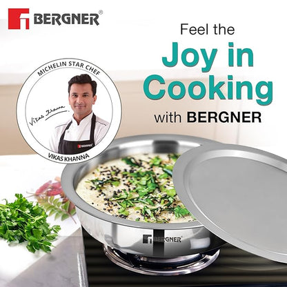 Bergner Argent Triply 24 Cm Shallow Cauldron Tope Langri | 2.6 L Capacity | Stainless Steel Lid