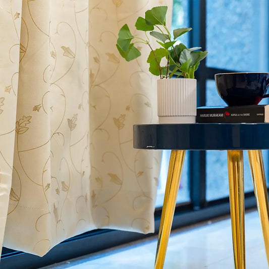 Urban Space Pure Blackout Opaque Curtains For Living Room Gold Foil Printed Luxurious Blackout Opaque Curtains 1 Piece Pack, Floral Vine Beige
