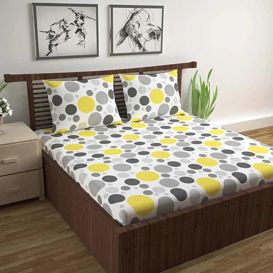 Divine Casa Double Size Bedsheet for Double Bed 144 TC Pure Cotton Queen Size with 2 Pillow Covers Geometric Colour Grey Lagoon