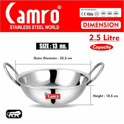Camro Triply Round Bottom Kadhai 13 No 2.5 Liters Stainless Steel Lid for Curry StirFry
