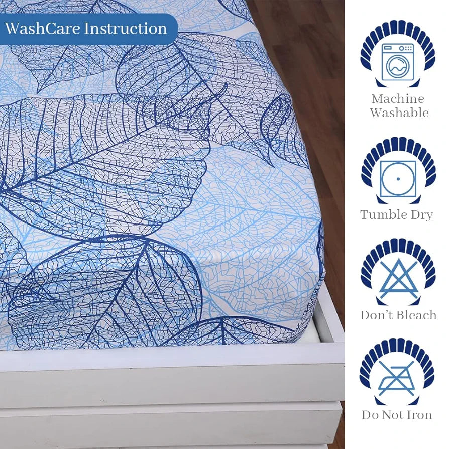 Divine Casa 144 TC Cotton Fitted Bedsheet for King Bed Floral Print Blue Skin-Friendly & Breathable Elastic Fit 100% Cotton