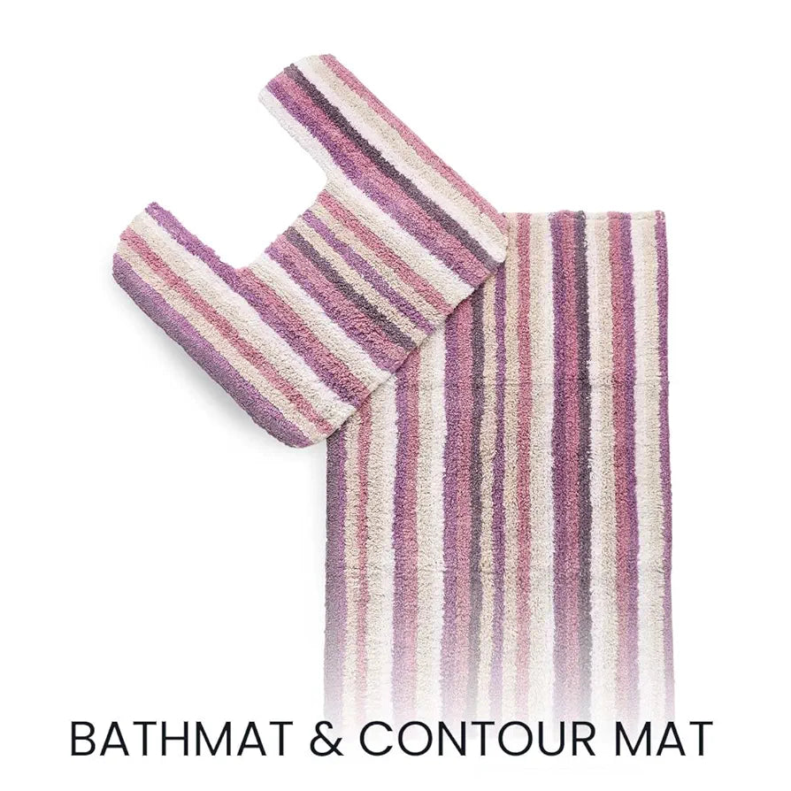 Sashaa World Striped Anti Skid Bathmat & Contour Set Colour Pink And White Striped