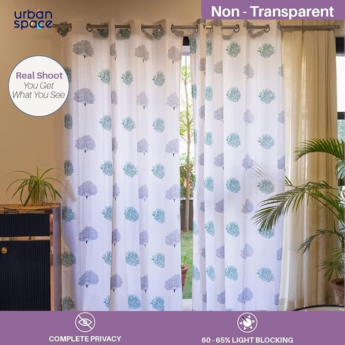 Urban Space Cotton Curtains 7 feet for Door Set of 2 with Stainless Steel Rings and TieBack (Colour Trees Green)