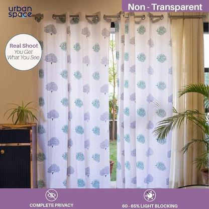 Urban Space Cotton Curtains 7 feet for Door Set of 2 with Stainless Steel Rings and TieBack (Colour Trees Brown)