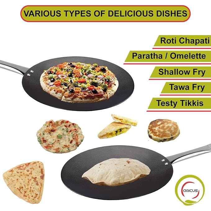 Amicus Kitchen Pre Seasoned Iron Tawa for Roti Chapati Concave Iron Tava with Strong SS Handle 25 Cm 0.9 Kg