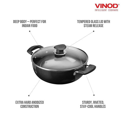 Vinod Black Pearl Plus Hard Anodised Deep Kadhai with Lid - 2.6 Litre, 22 cm | 3.25mm Thick | Natural Stick Free Kadai