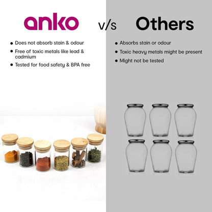 Anko Set of 6 Glass Spice Jars with Wooden Tray | 90ml | Airtight | Rubberwood Lid | Brown