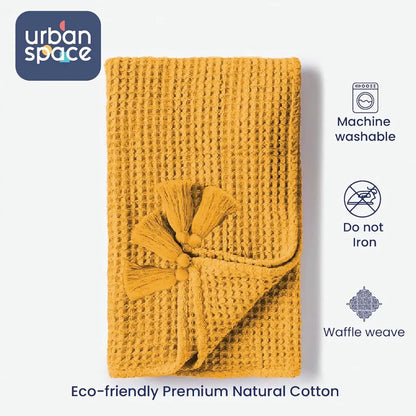 Urban Space Cotton Waffle Throw Blanket, Soft Decorative Throw for Living Room, Sofa, Chair and Couch, Handmade,Reversible and Breathable Throw Waffle Mustard