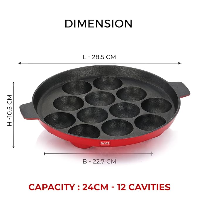 Avias Indiana Paniyaram 24cm Nonstick Aluminium Appe Pan With 12 Cups Gas Stove Friendly