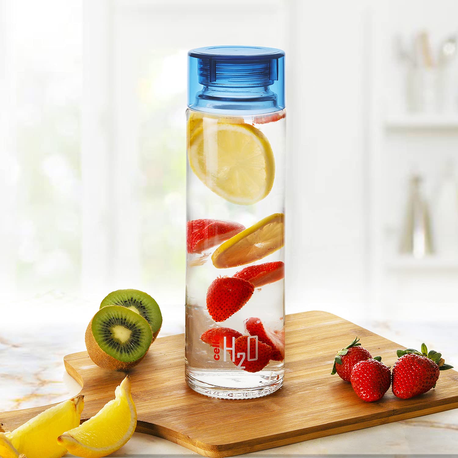 Cello H2O Glass Fridge Water Bottle with Plastic Cap | 920 ml | Set of 3 | Blue