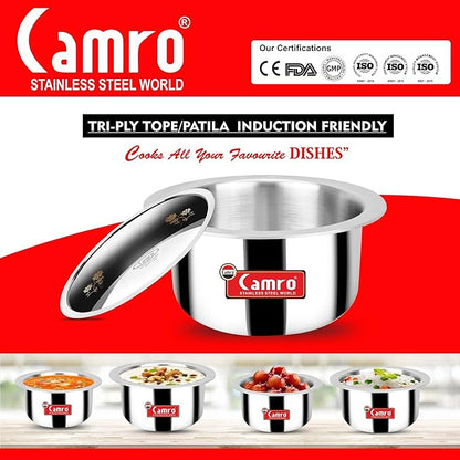 Camro Tripro Triply Artisian Tope with lid 13 No 2.2 Liters Capacity Cauldron Tope Handi