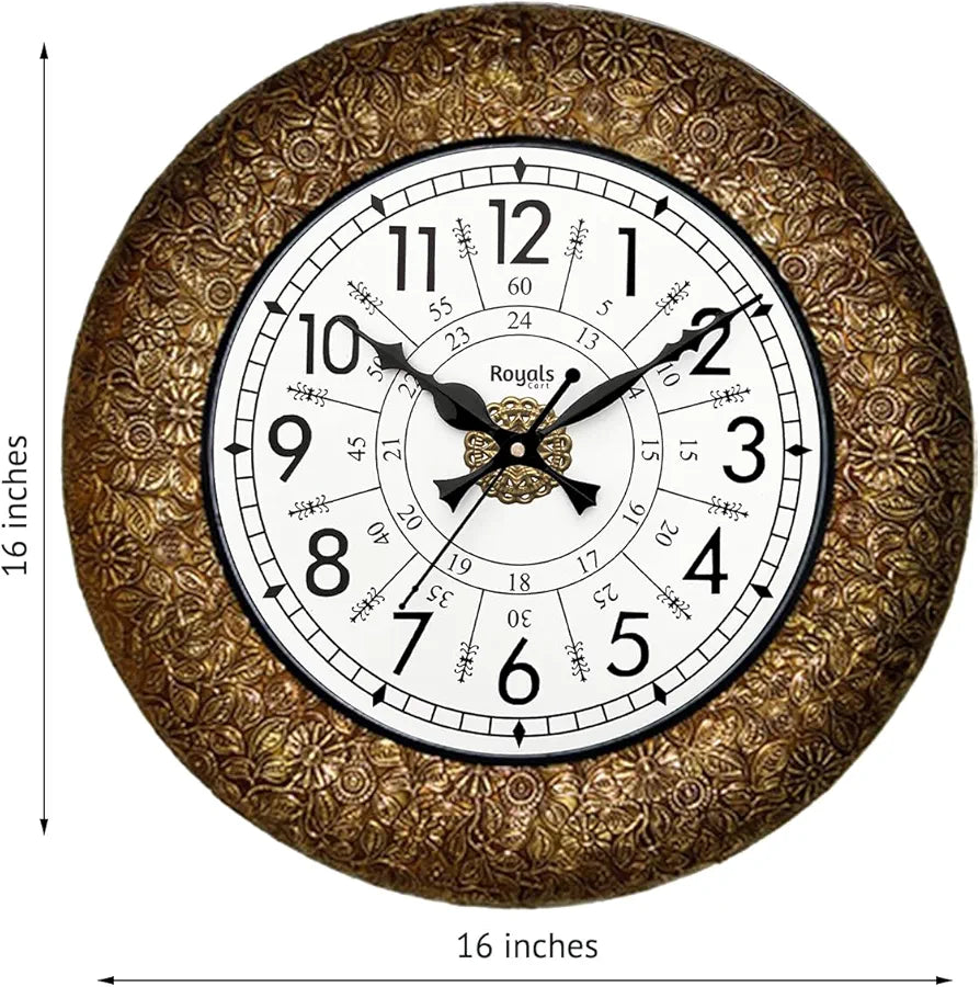 RoyalsCart Ethnic Handcrafted Decorative Wall Clock with Classic Metal Golden Antique Wooden Wall Clock [KTWC221N] Golden Classic Metal