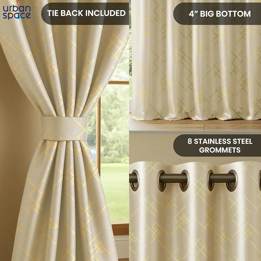 Urban Space Blackout Curtains for Living Room, Gold Foil Printed Luxurious Blackout Decorative Door Curtain Eyelet with Tieback, 1 Piece Criss Cross Beige