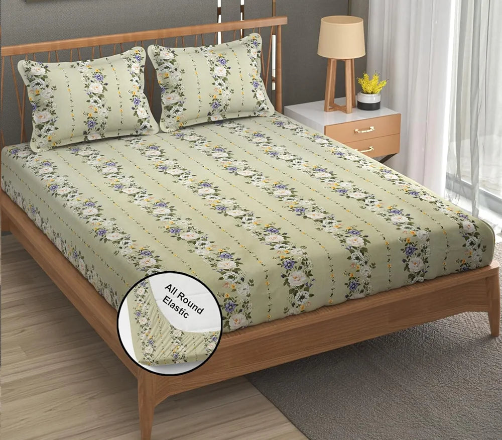 Fresh From Loom King Size Fitted Bedsheet Set 240 TC 2 Pillow Covers Pale Leaf Multicolor