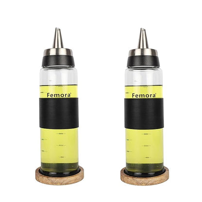 Femora Borosilicate Glass Oil Bottle | 500 Ml | 2 Pieces With Wooden Tray for Kitchen