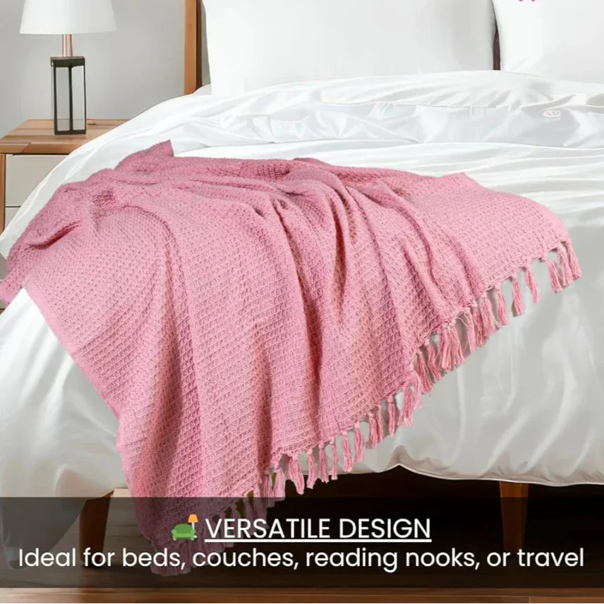 Homadorn Waffle Weave Cotton Throw Blanket Colour Pink
