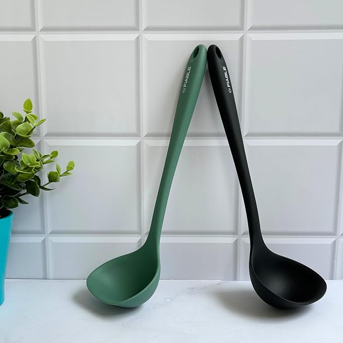Fiable Premium Silicone Big Ladle for Cooking Deep Ladle for Serving Green
