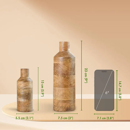 Behoma Wooden Flower Vase Set of 2 Bottle Shape Mango Wood Vases Height Natural Light Brown Flowers not Included