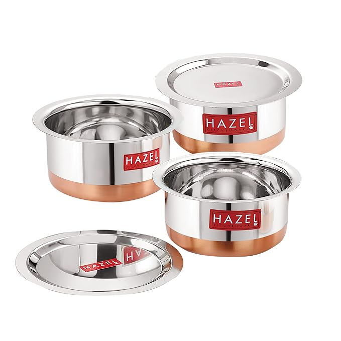 Hazel Utensils Set for Kitchen Set of 3 (1 L, 1.5 L & 1.9 L Capacity) Copper Bottom Utensils