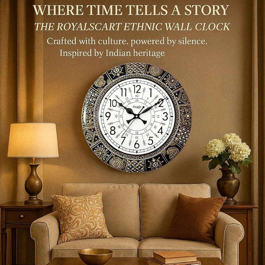 RoyalsCart Ethnic Handcrafted Designer Wall Clock with Rajasthani Floral Painting Black Wooden Wall Clock [KTWC281N] Black Designer Painting