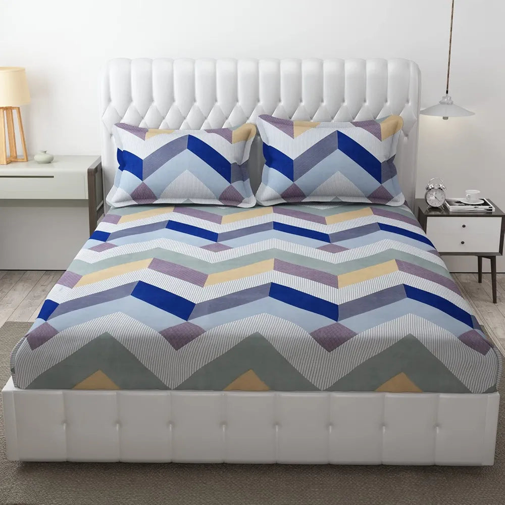 Fresh From Loom Soft Microfiber Fitted Floral Bedsheet King Size Bed With Two Pillow Cover Elastic Fitted 144 Tc Blue Grey