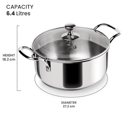 Milton Pro Cook Triply Stainless-Steel Sandwich Bottom Casserole Handi/Stock Pot/Biryani Pot with Glass Lid 26 cm, 6.4 Litre - 2000 gms