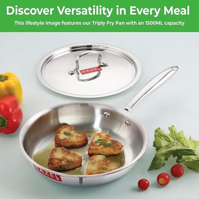 Hazel Triply Stainless Steel Frying Pan Induction Base Bottom Deep Fry Pan with Steel Lid 1.5 Litre 22 cm