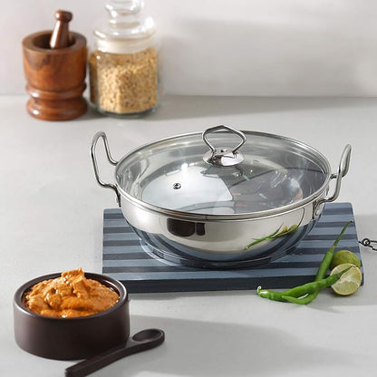 Vinod Stainless Steel Kadhai with Glass Lid - 1.4 Litre, 18cm | Extra Thick, SAS Heavy Bottom | Kadai for Cooking