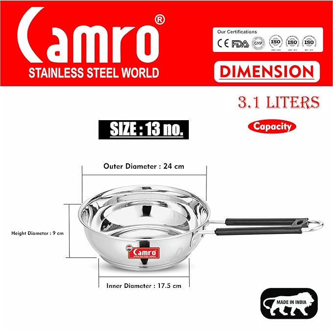 Camro Induction Bottom Deep Fry Pan 13 No 3.1 Liters Stainless Steel Dishwasher Safe