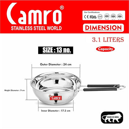 Camro Induction Bottom Deep Fry Pan 13 No 3.1 Liters Stainless Steel Dishwasher Safe