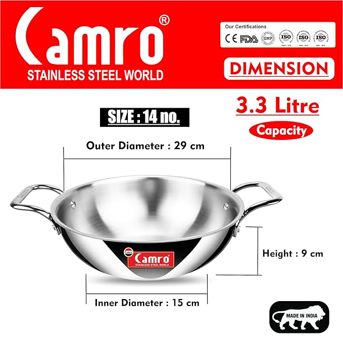 Camro Triply Artisian Kadhai 26 Cm 3.3 Liters kadhai Steel Stainless Kadhai for Deep Frying
