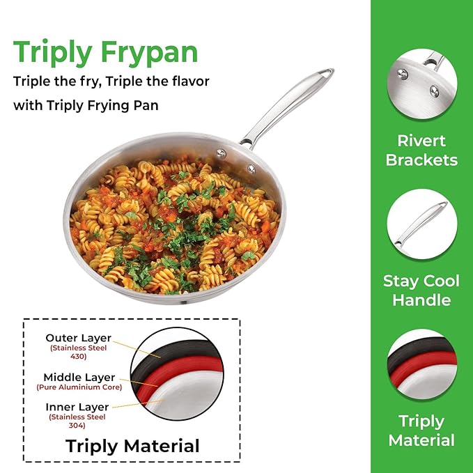 Hazel Triply Stainless Steel Frying Pan Induction Base Bottom Deep Fry Pan with Steel Lid 1.5 Litre 22 cm