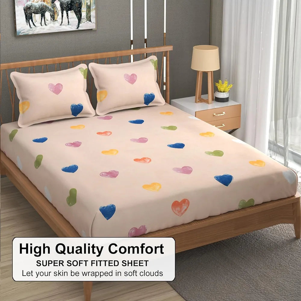 Fresh From Loom Floral Print 240 TC King Size Fitted Bedsheet Set 2 Pillow Covers Heart-Brown