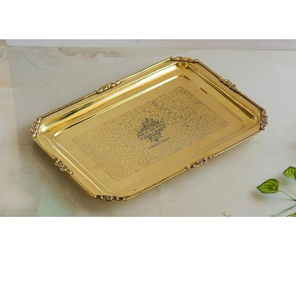 Indian Art Villa Brass Serving Tray Rectangular Shape With Beeding