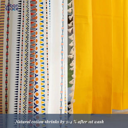 Urban Space Geometric Cotton Curtains For Door Set Of 3 Curtains For Home Decor Ikat Orange & Aura Yellow