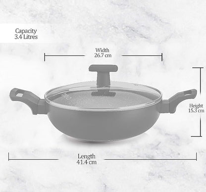 Milton Pro Cook Black Pearl Non-stick Kadai With Glass Lid & Handles, 26 Cm / 3.4 Litre - 1543 gms