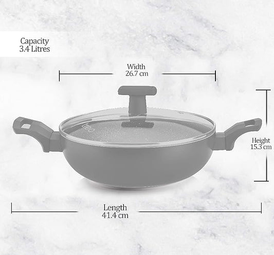 Milton Pro Cook Black Pearl Non-stick Kadai With Glass Lid & Handles, 26 Cm / 3.4 Litre - 1543 gms