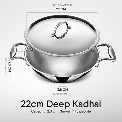 Stahl Artisan Triply Stainless Steel Round Bottom Kadhai With Lid | Extra Deep Kadai | 2.3 L | 22 Cm