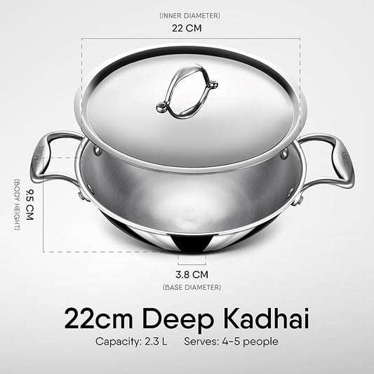 Stahl Artisan Triply Stainless Steel Round Bottom Kadhai With Lid | Extra Deep Kadai | 2.3 L | 22 Cm
