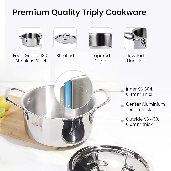 Savya Home Triply Stainless Steel Tope Patila with Lid Handi Casserole with lid 3L 20 cm