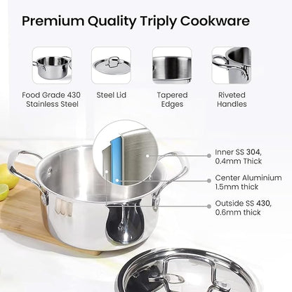 Savya Home Triply Stainless Steel Tope Patila with Lid Handi Casserole with lid 3L 20 cm
