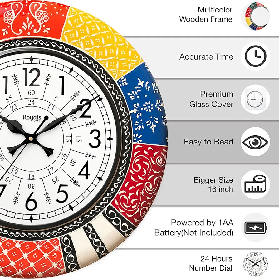 RoyalsCart Ethnic Handcrafted Decorative Wall Clock with Rajasthani Painting Multicolour Wooden Clock [KTWC139N] Boistrous Designer Painting