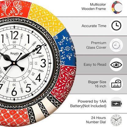 RoyalsCart Ethnic Handcrafted Decorative Wall Clock with Rajasthani Painting Multicolour Wooden Clock [KTWC139N] Boistrous Designer Painting