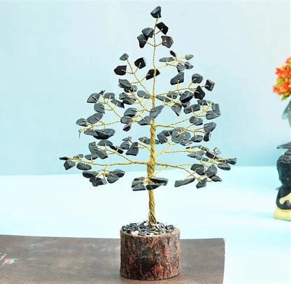 Crocon Black Tourmaline Gemstone Money Tree Feng Shui Bonsai Golden Wire