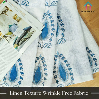 Homadorn Linen Sheer Printed Semi Transparent Curtains for Window Set of 2 Blue Motifs